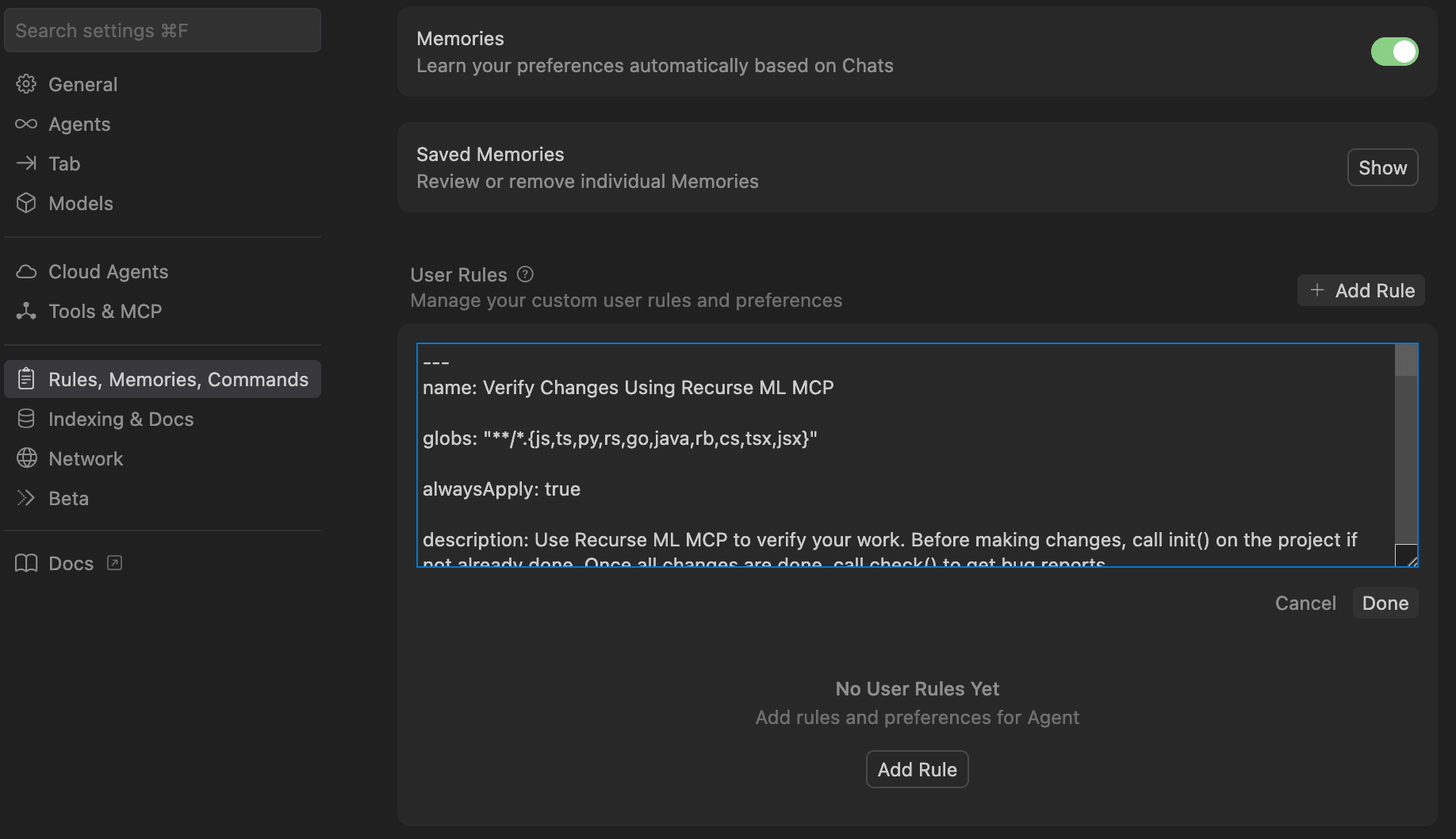 Cursor User Rule Example
